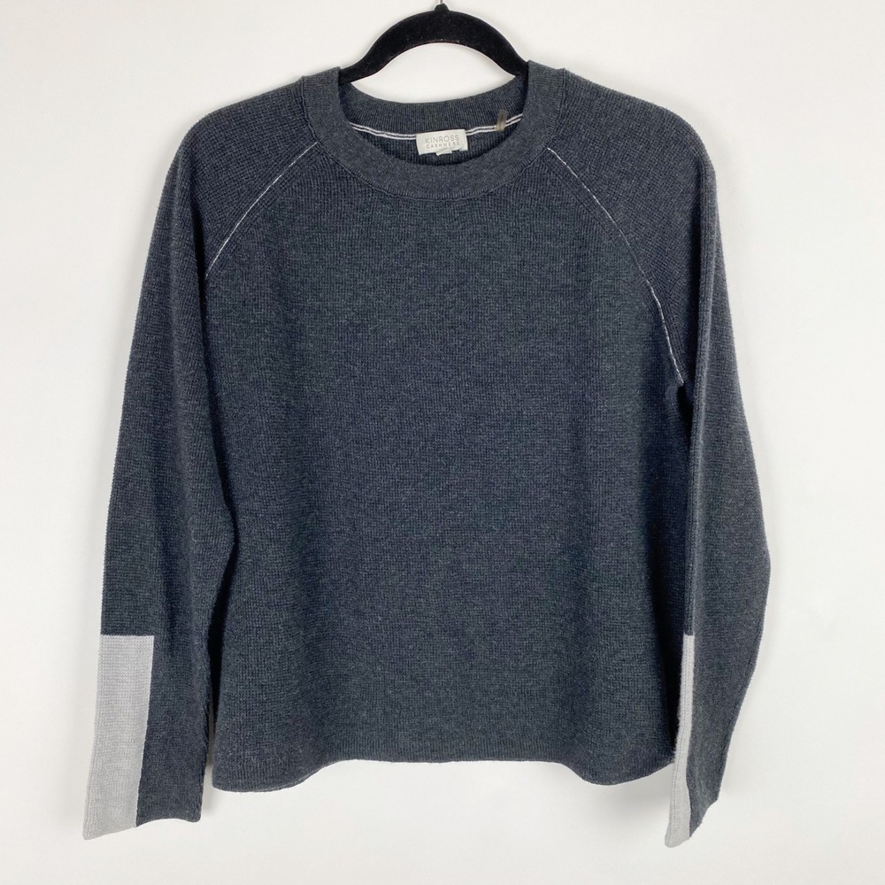 Kinross Cashmere Womens Charcoal Grey Cotton‎ Blend Colorblock Cuff Sweater L